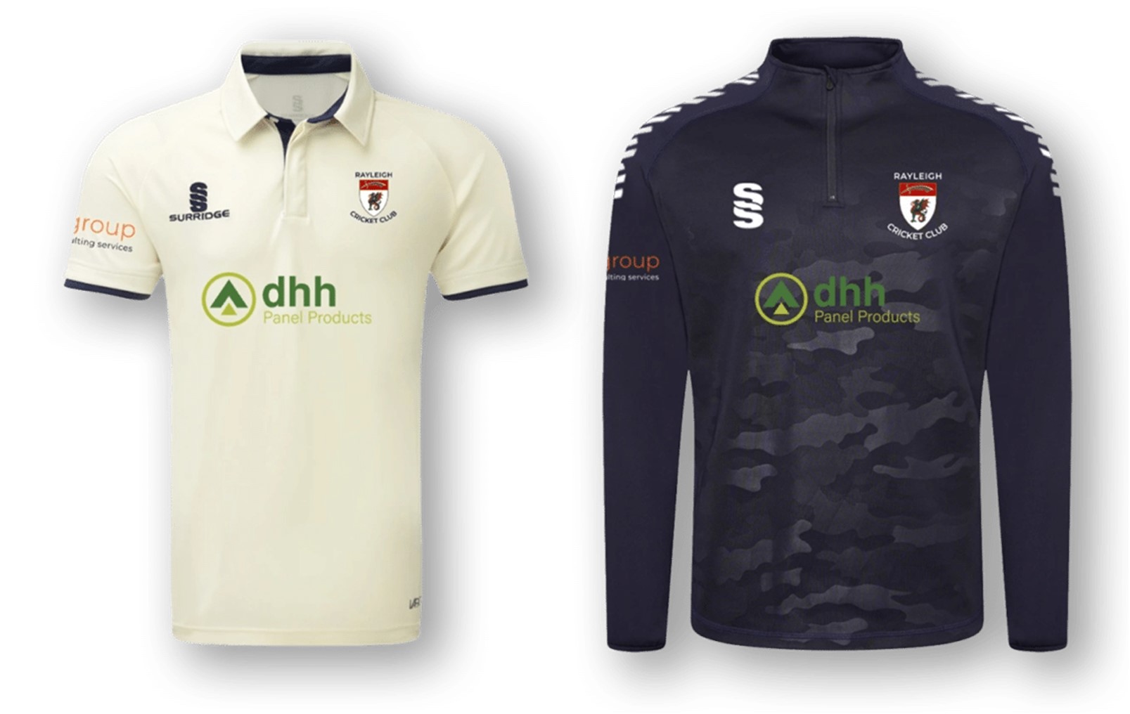 A photo of Rayleigh Cricket Clubs' teamwear. The DHH logo sits proudly on the front of the shirts.